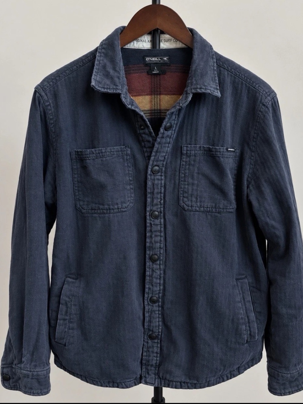 O’Neill Men’s M Navy Herringbone Plaid Lined Shacket Shirt Jacket
